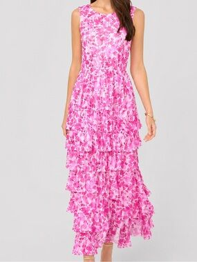 🆕💖Vince Camuto Pink Floral Tiered Maxi Dress Overlay Daisy Daze Size M Flowing